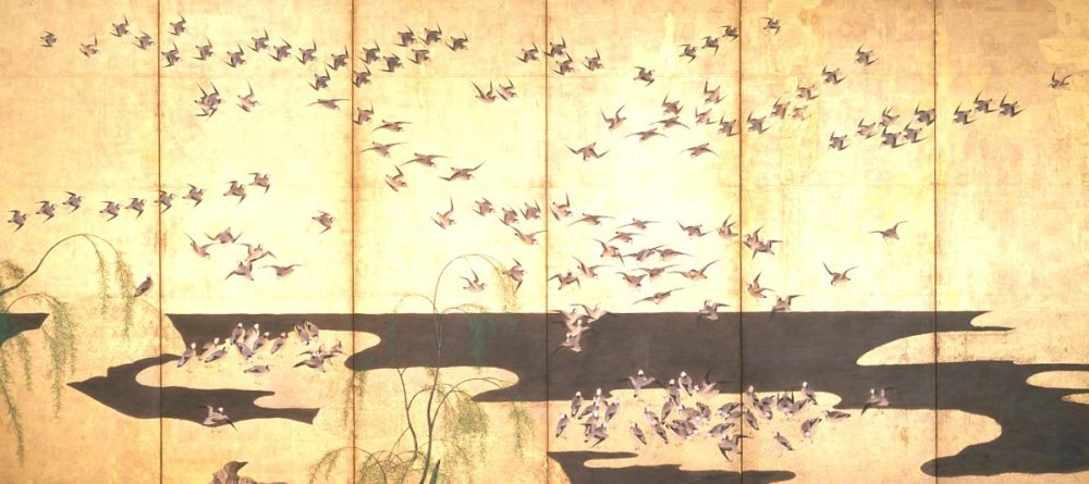 土佐光起《磯千鳥図屏風》　江戸時代　17世紀